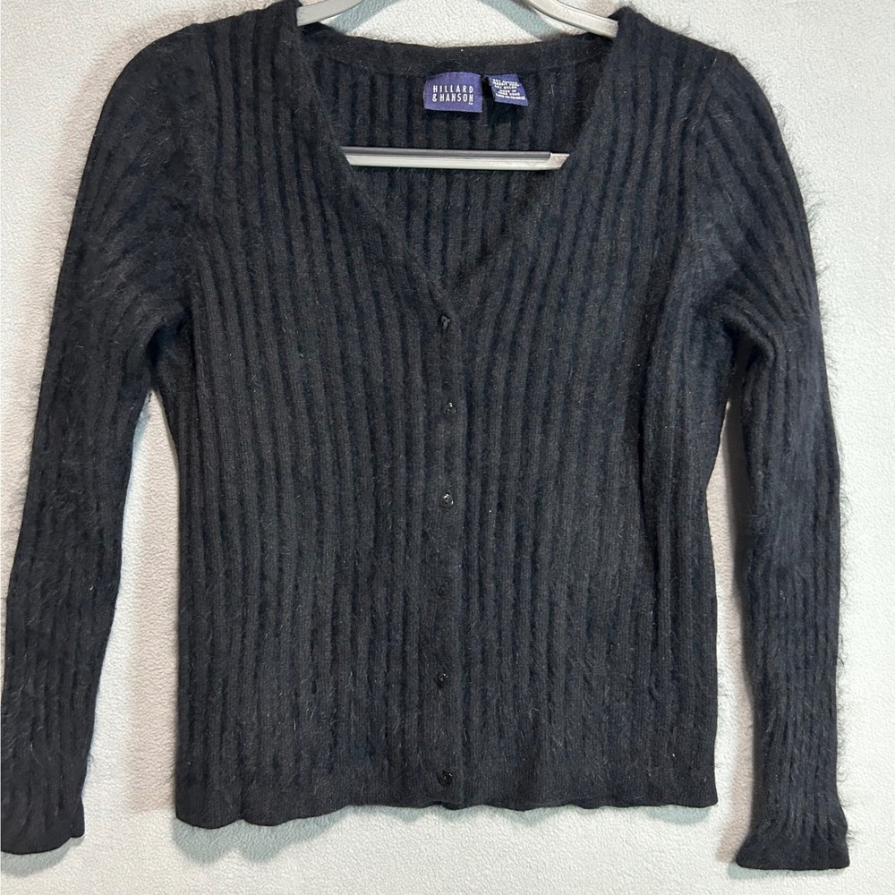 Hillard & Hanson Cardigan Women M Black Angora Rabbit Hair Ribbed V-Neck Fuzzy